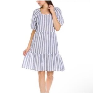 Beachlunchlounge Luca Linen-Blend A Line Puff Sleeve Striped Tiered Mini Dress.